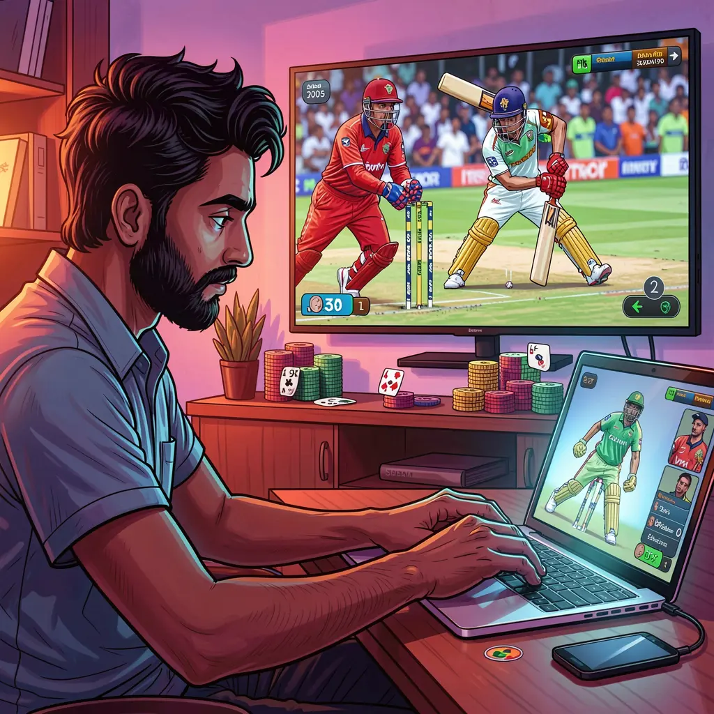 Focused Bangladeshi sports bettor using a laptop at home with a live cricket match on TV and vibrant lighting while placing bets on QQ777